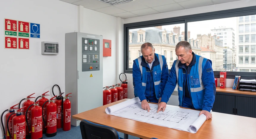 Photographie en intérieur de locaux professionnels de sécurité incendie, montrant deux techniciens experts en vêtements de travail (gilets, uniformes professionnels) consultando des plans ou schémas d'installation de systèmes de sécurité incendie sur une table. Environnement de bureau ou atelier professionnel, équipements de sécurité visibles (extincteurs, tableau de commande, signalétique), atmosphère serieuse et compétente. Éclairage naturel ou professionnel, image réaliste et documentaire incarnant l'expérience et la rigueur professionnelle.