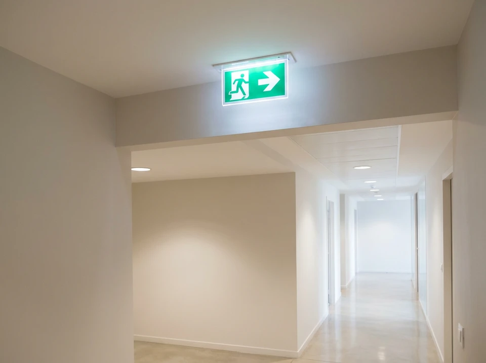 Couloir de bâtiment tertiaire moderne, murs blancs, éclairage encastré LED