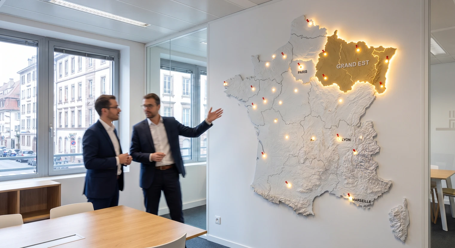 Photographie d'une grande carte murale ou relief tridimensionnel affichée dans les locaux d'une agence de services, montrant la région Grand Est en contraste/surlignage distinctif, avec des points ou épingles marquant les principales zones d'intervention à l'échelle nationale. En arrière-plan flou, des équipes en discussion ou observant la carte. Image claire, bien éclairée, professionnelle, incarnant la couverture territoriale progressive du Grand Est vers le national.