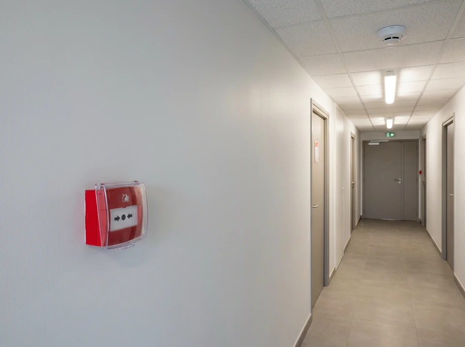 Couloir de bâtiment tertiaire moderne, murs blancs, portes grises, dalles de plafond acoustiques, éclairage fluorescent encastré