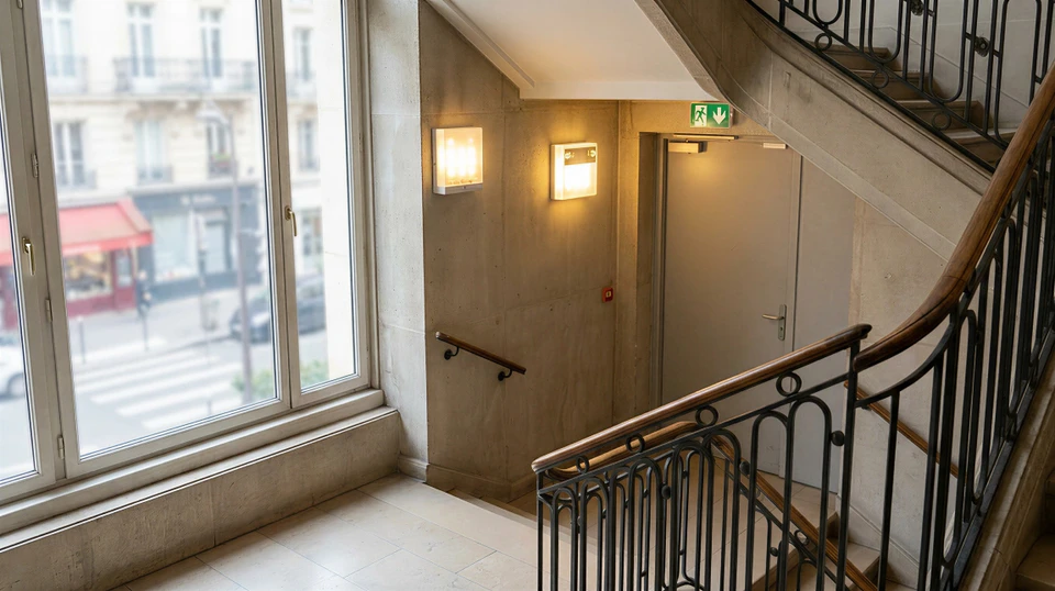 Couloir de bâtiment tertiaire moderne, murs blancs, portes grises, dalles de plafond acoustiques, éclairage fluorescent encastré